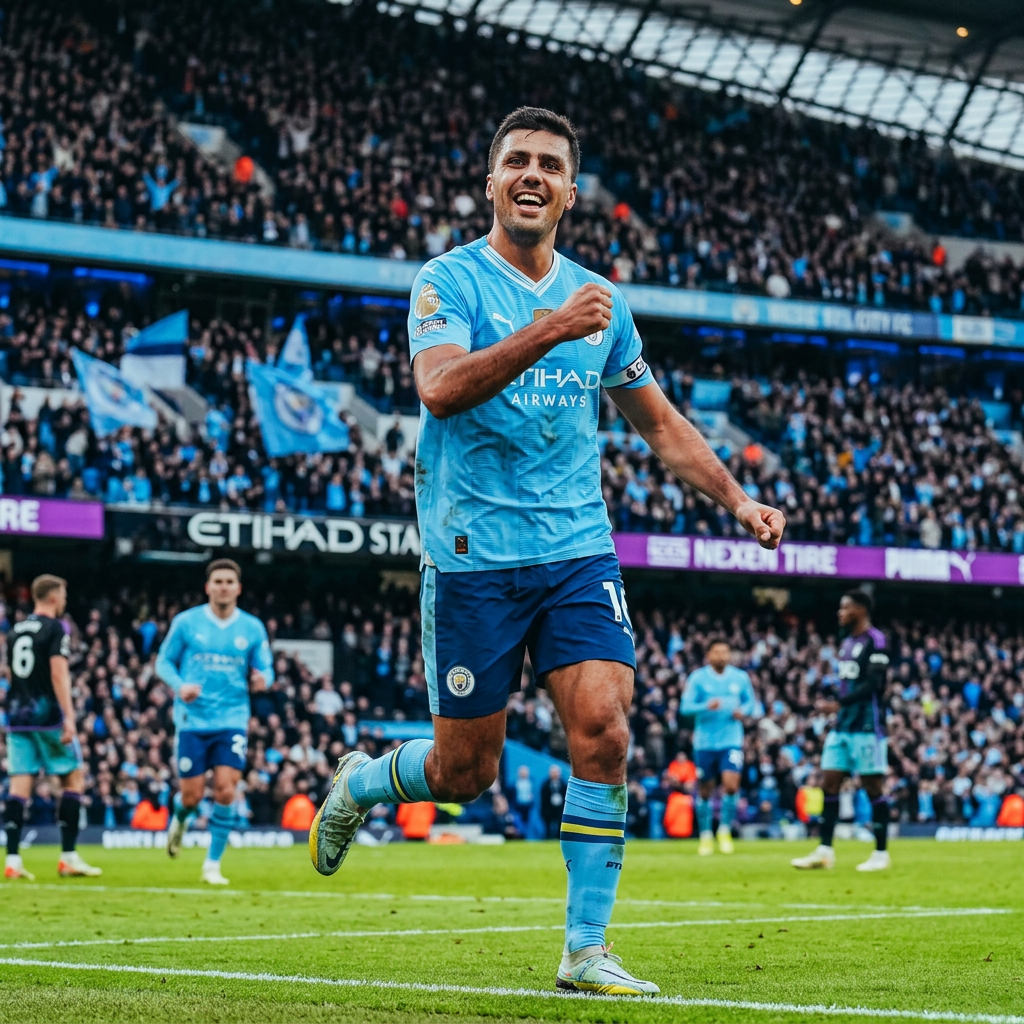 Rodri to Madrid? Manchester City football player running and celebrating a goal on the pitch with fans in the background