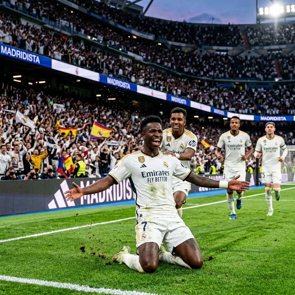 Vinicius Junior to Liverpool? Real Madrid soccer player sliding on knees celebrating a goal with teammates running behind in a stadium full of fans