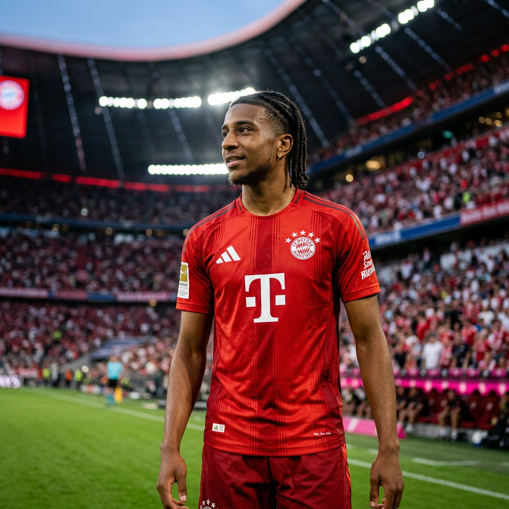 Michael olise not joining Real Madrid. Bayern Munich player in red jersey standing on football pitch inside packed stadium